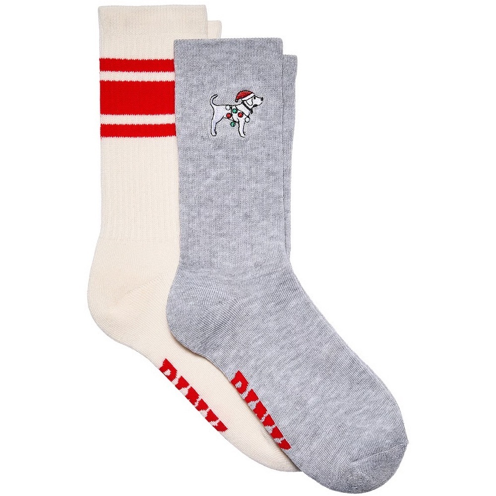 Victoria’s Secret PINK Pack of 2 Crew Socks Grey Santa Hat Dog OS NEW
